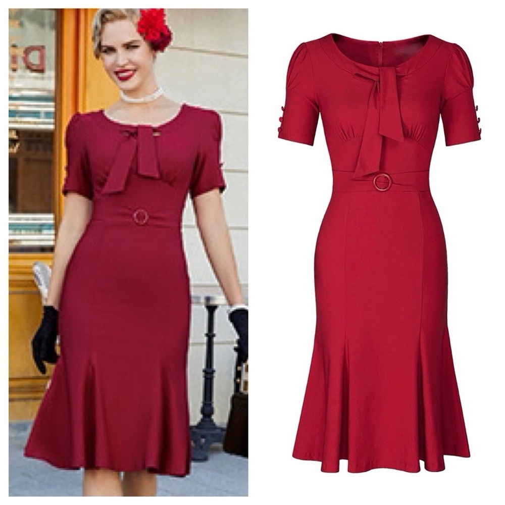 Stop Staring Red Sheath Dress with Puff Sleeves